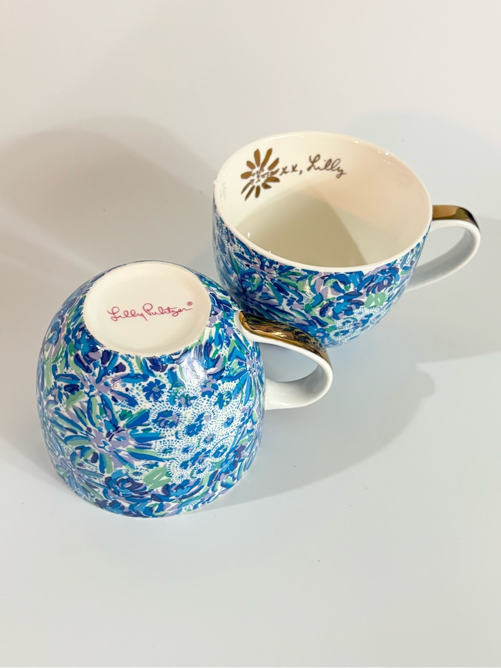 Lilly Pulitzer Blue Green Floral Floral Pattern Mug Set Gold Trim 12oz